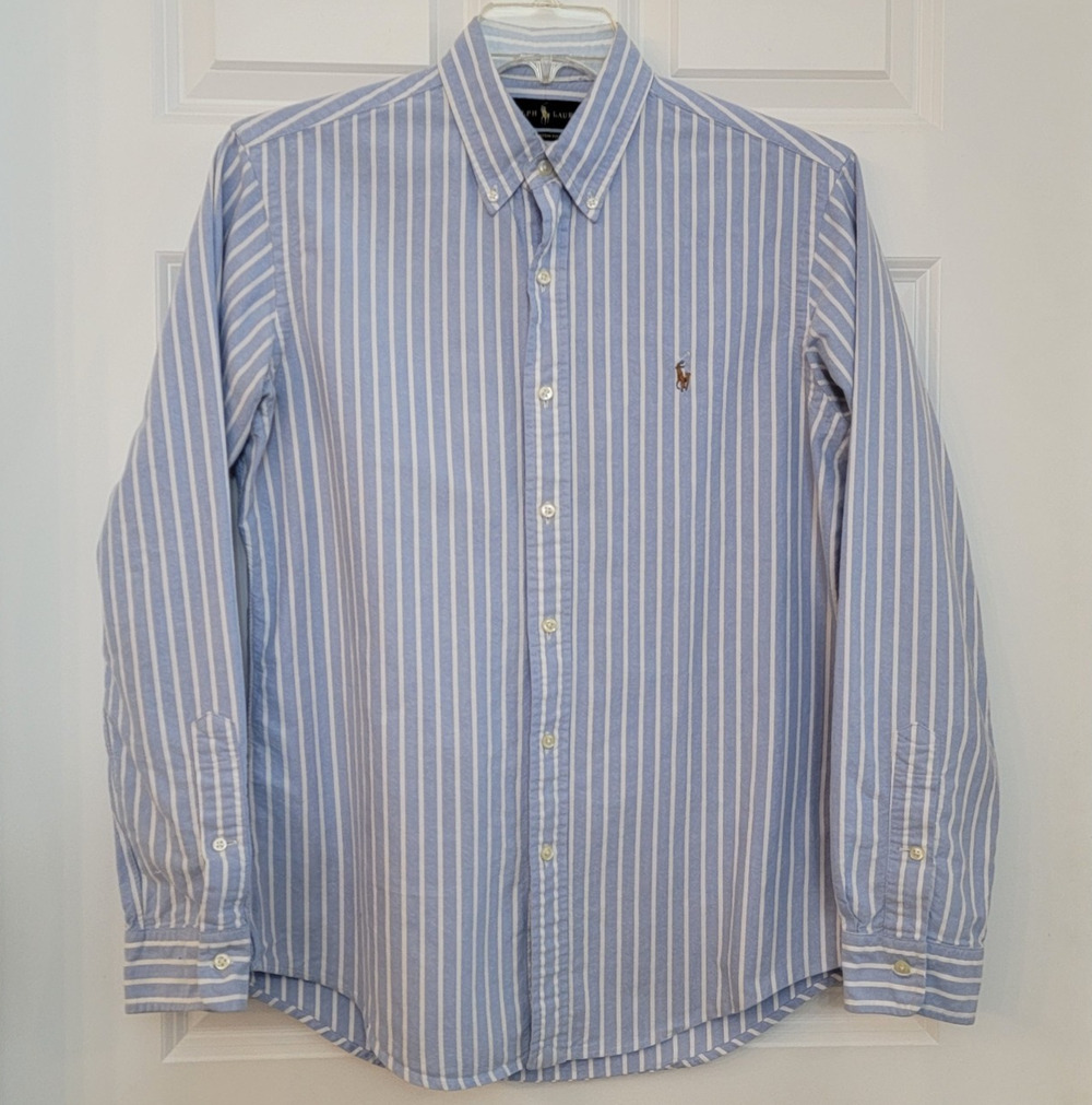VTG Y2K Polo Ralph Lauren Custom Fit Mens Shirt M Blue Stripe Multicolor Pony